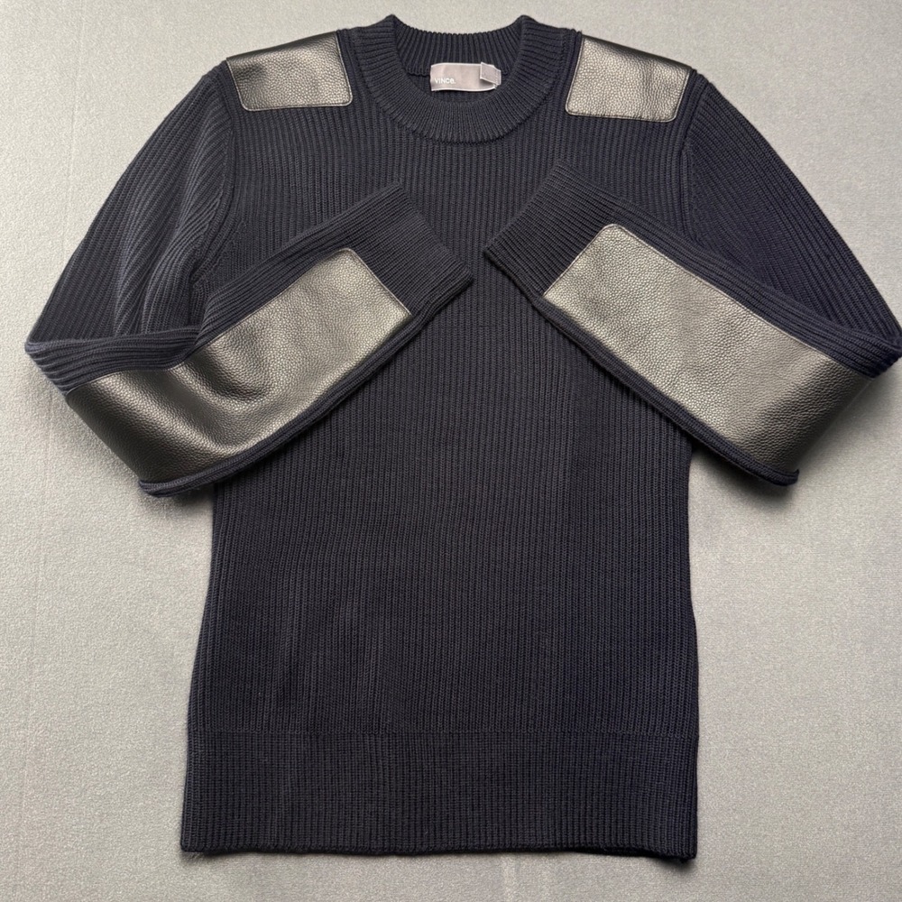 Vince Sweater Men M Navy Leather Patch Ribbed Knit Military Crew Neck 100% wool